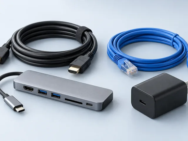 Photo of an HDMI cable, an ethernet cable, a USB-C hub, and a USB-C power adapter