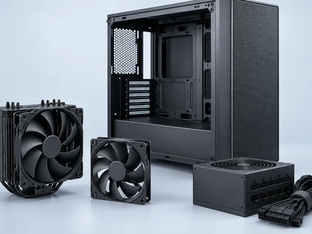 Photo of a tower case, a CPU cooler, two case fans, and a power supply with cabling