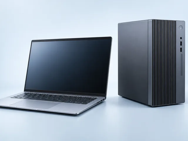 Photo of a laptop and a small-form-factor desktop tower side by side