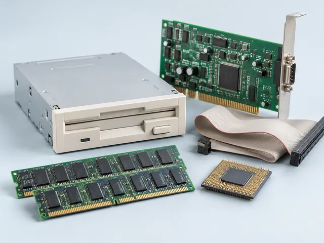 Photo of legacy computer parts: a floppy disk drive, ISA expansion card, ribbon cable, memory modules, and a pin-grid processor
