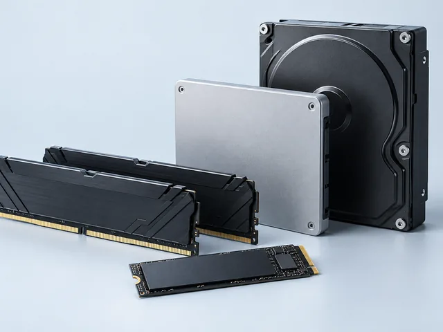 Photo of two memory modules, a solid-state drive, and a hard disk drive