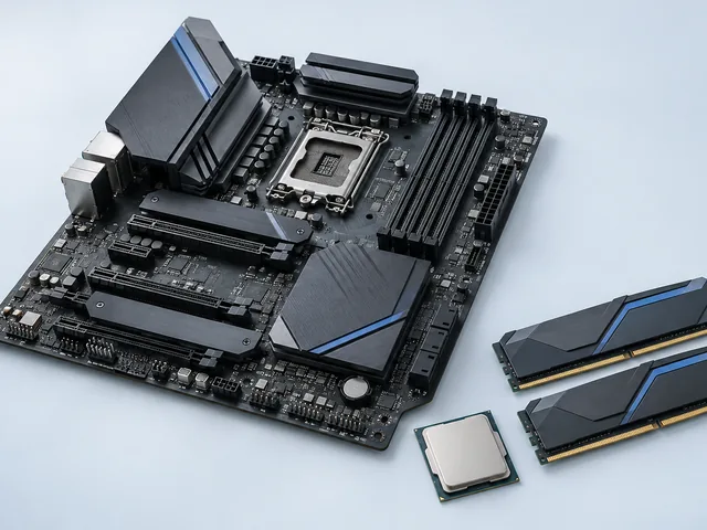 Photo of a motherboard with processor socket and memory slots, a processor, and two memory modules