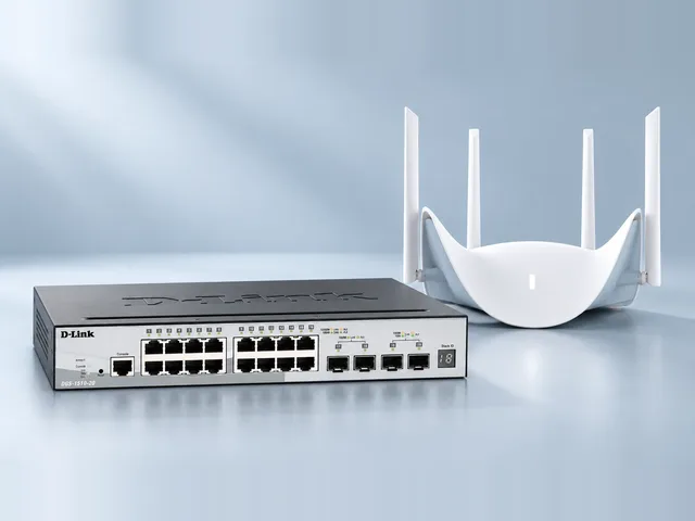 Photo of a rack-mount network switch beside a four-antenna Wi-Fi router