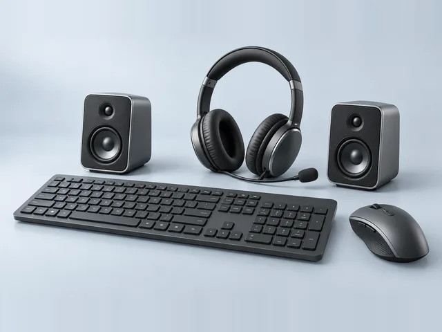 Photo of a headset with microphone, a pair of desktop speakers, a wireless keyboard, and a mouse