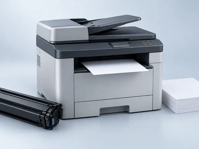Photo of a multifunction printer with a toner cartridge and a stack of paper
