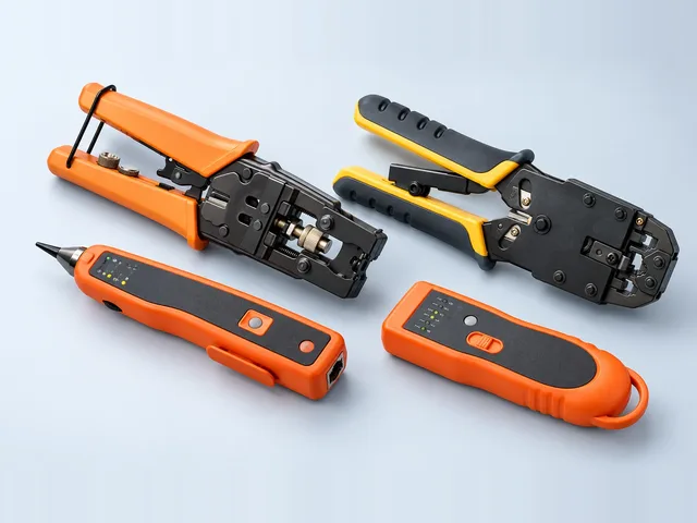 Photo of a coax compression crimper, an RJ45 crimping tool, and a wire tracker receiver and emitter