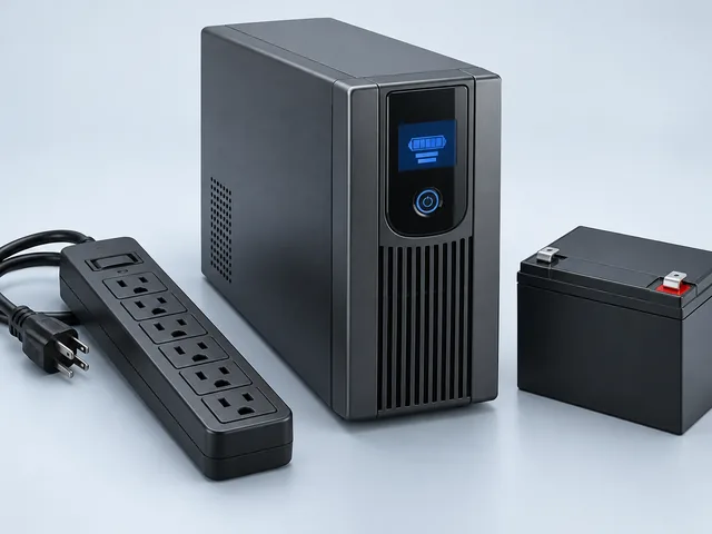 Photo of a UPS unit, a power strip, and a replacement battery