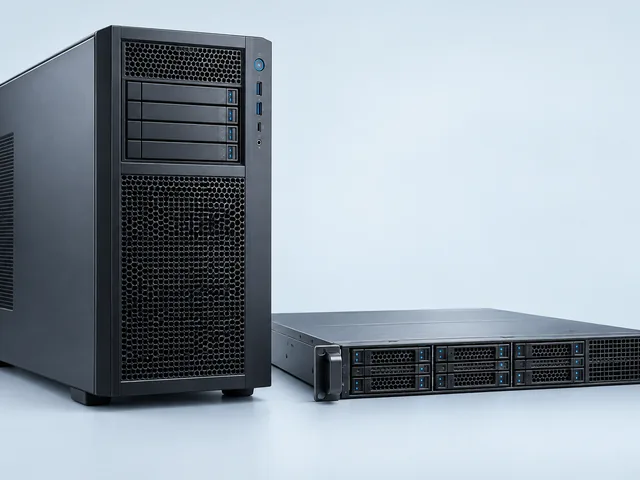 Photo of a tower workstation case beside a rack-mount server with hot-swap drive bays